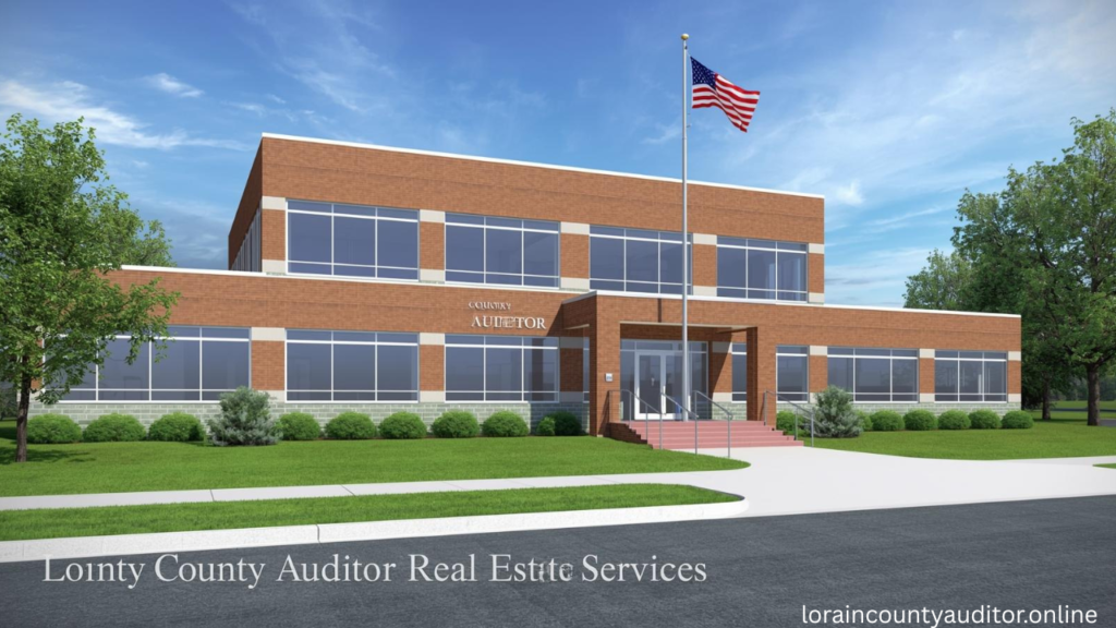 Lorain County Auditor Office building exterior with accessible entrance and professional signage for real estate property records and tax assessment services