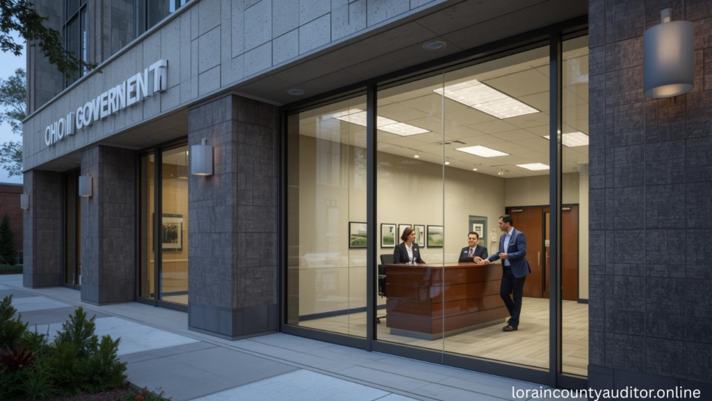 Professional exterior view of Lorain County government building with American flag, accessible entrance, and welcoming landscaping representing the auditor office services