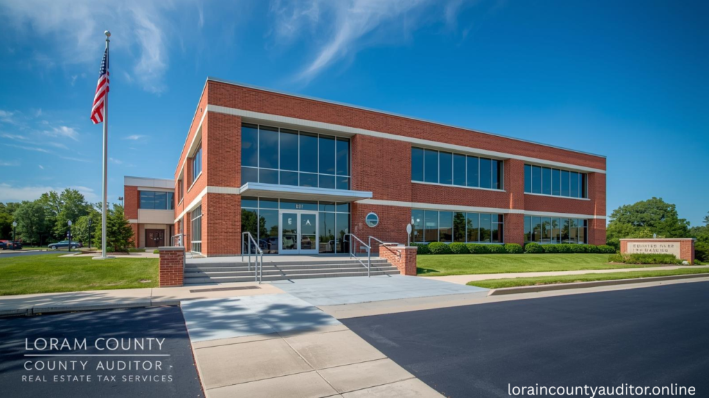 Lorain County Auditor real estate taxes office building with accessible entrance providing property tax assessment and payment services