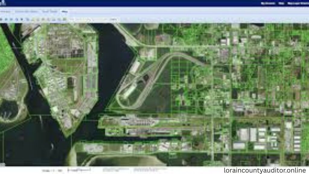 Lorain County Auditor parcel search digital interface showing online property database with maps, assessment values and ownership records