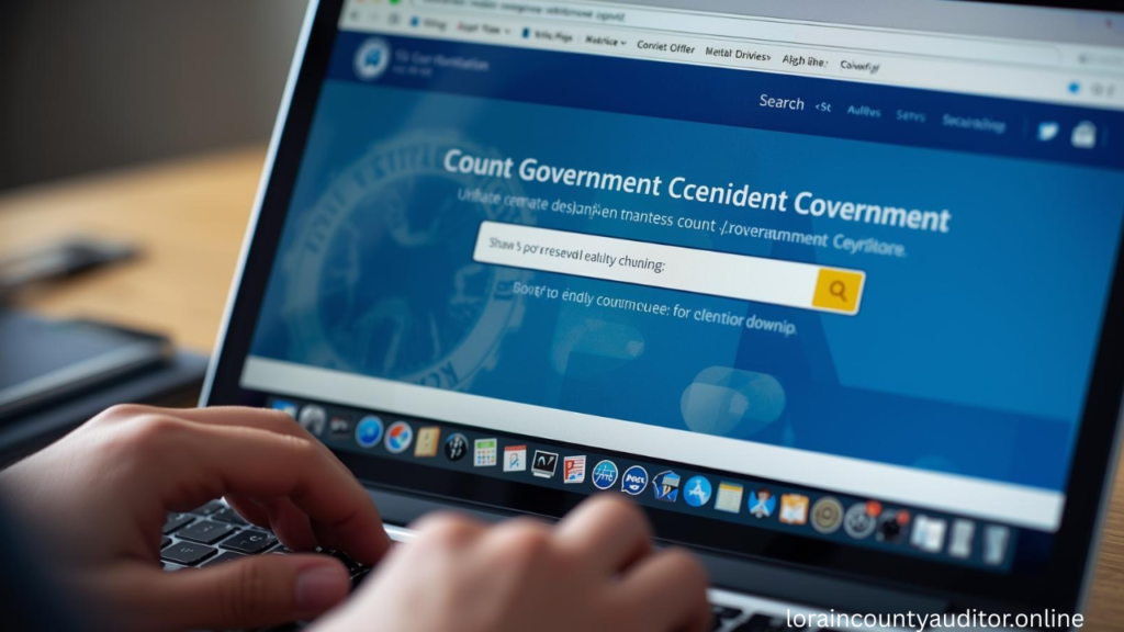 "Laptop screen showing government website interface, search bar prominent, official county seal, blue professional design, person typing on keyboard