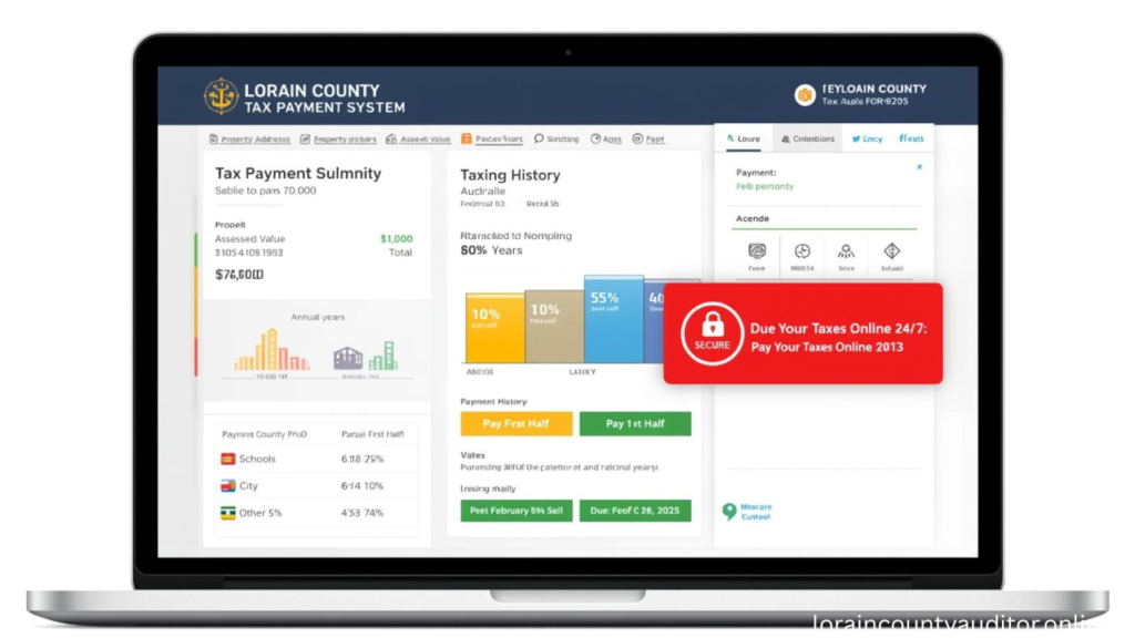 Lorain County Auditor real estate taxes online payment portal displaying tax bill breakdown, payment options and secure electronic payment system