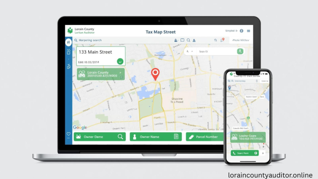 Lorain County auditor tax map online access showing digital search tools, interactive features, and mobile-responsive property lookup interface