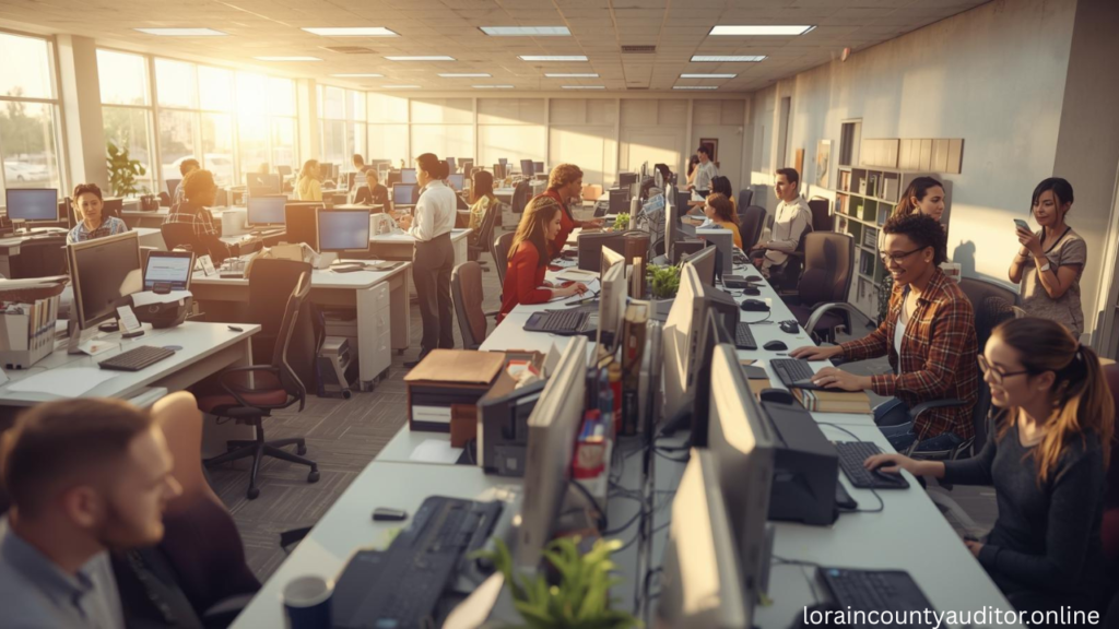 Lorain County Auditor Services office staff assisting property owners with tax assessments and public records at modern service counter