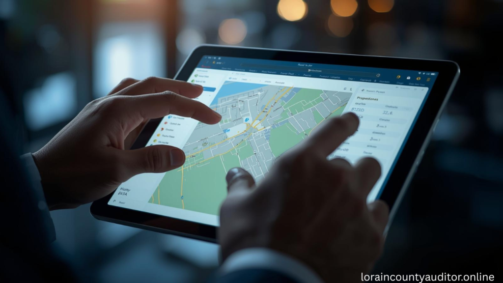 Property owner accessing Lorain County Auditor Services online portal showing digital tax records and interactive GIS property maps on tablet