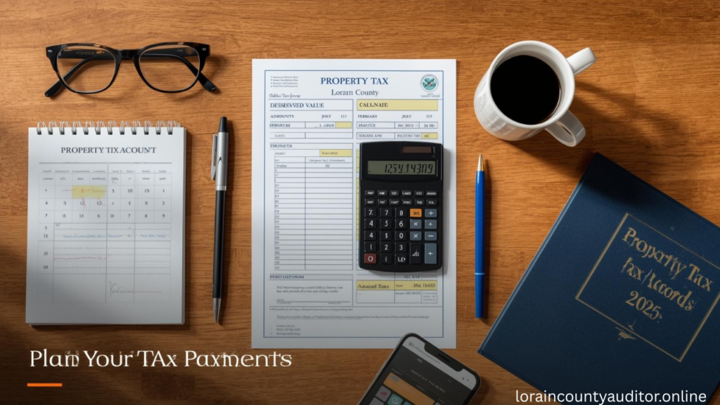 Property tax bill and calculator showing Lorain County Auditor real estate taxes assessment, payment schedule and millage rate calculations
