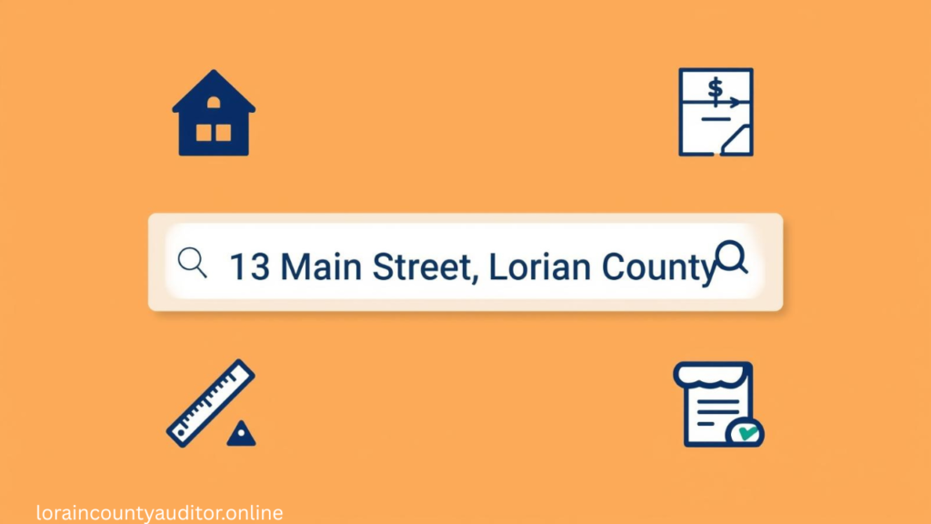 Lorain County GIS property search interface showing multiple search options including address lookup and parcel information access
