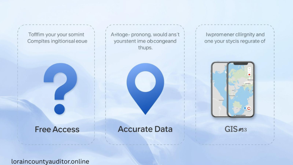 Lorain County GIS frequently asked questions visual guide highlighting free access, data accuracy, and mobile-friendly property search features