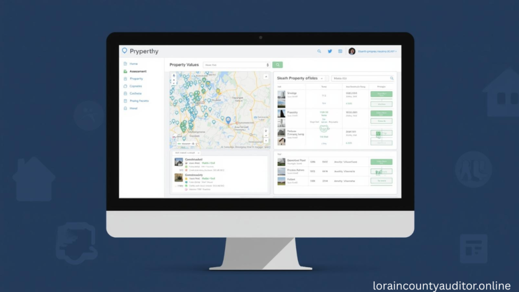Digital property search interface displaying online database with maps, assessment values, and tax records available through Lorain County Auditor Office website