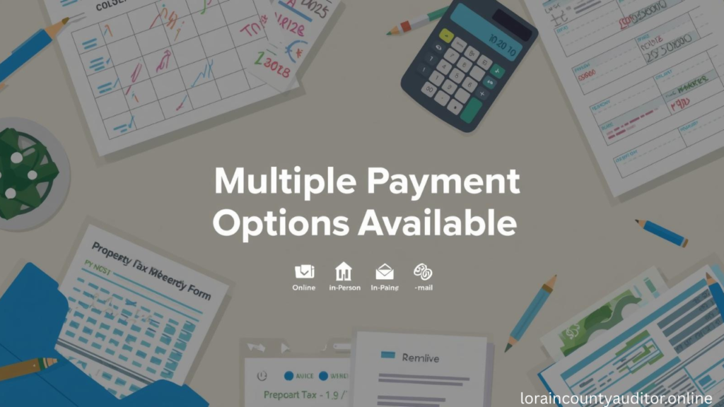 Property tax payment documents and calculator showing various payment methods and deadlines for Lorain County property owners with homestead exemption forms