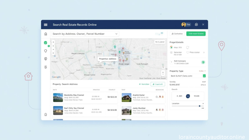 Lorain County Auditor real estate property search interface displaying online database with maps, assessment values, ownership records and tax information