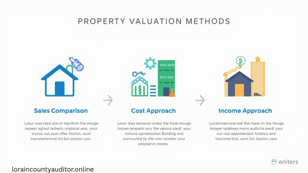 Lorain County property appraiser valuation methods showing sales comparison, cost approach, and income approach for accurate assessments