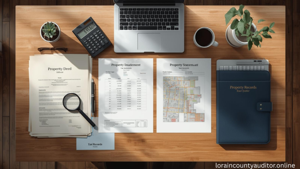 
Property documents and research materials showing Lorain County Auditor real estate records including tax assessments, deeds, and comparable sales analysis tools