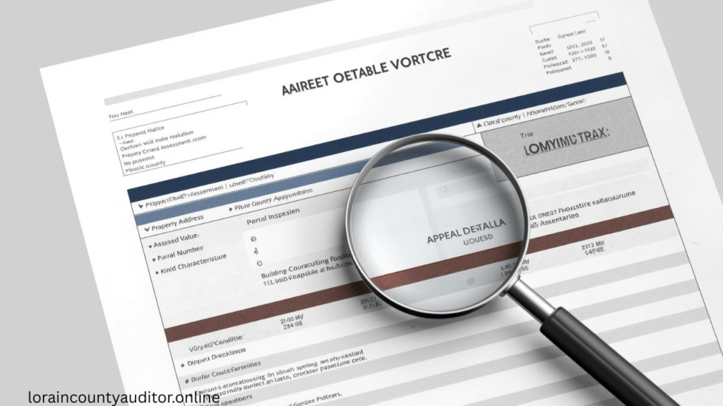 Lorain County property appraiser assessment notice displaying property valuation details, characteristics, and appeal deadline information