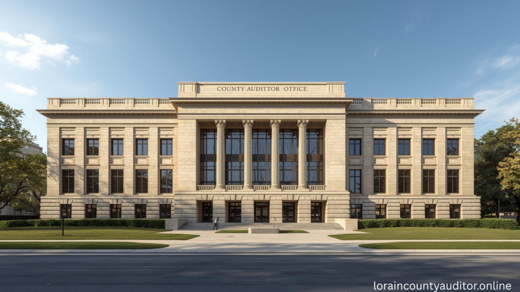Lorain County Auditor property record office building exterior with accessible entrance and professional signage for real estate assessment and tax services