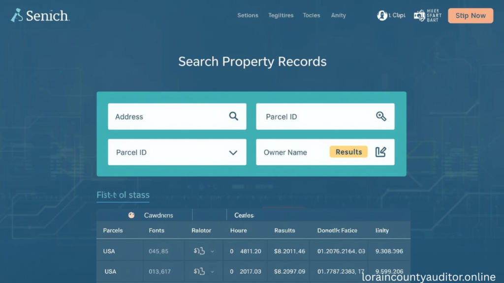 Lorain County Auditor property record digital search interface displaying online database with interactive maps, assessment values, ownership information and tax data