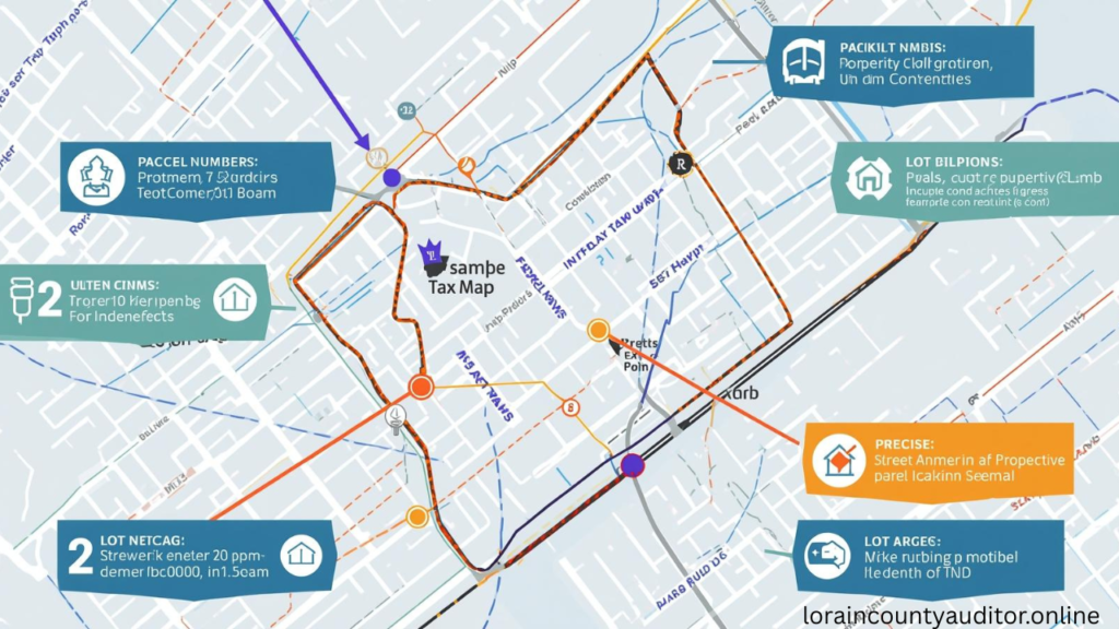 Lorain County auditor tax map reading guide showing parcel numbers, property boundaries, dimensions, and key map features explained