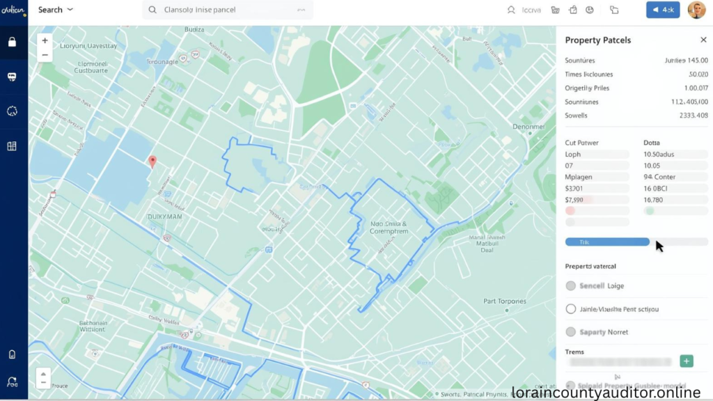 "Lorain County Auditor GIS Map interface showing property search features and interactive mapping tools for finding real estate information"