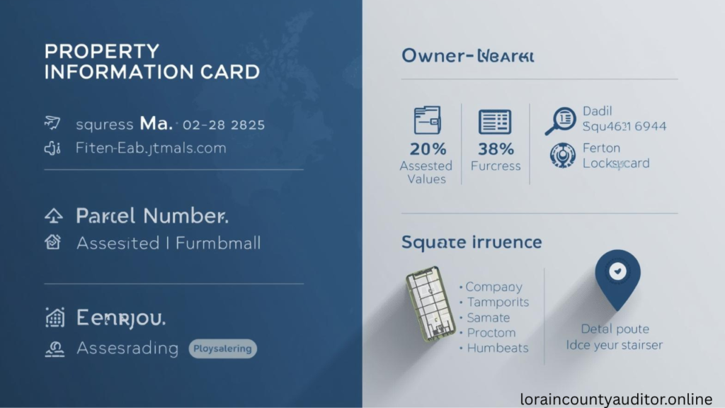 Property details card from Lorain County Auditor GIS Map displaying ownership information, tax assessment values, and parcel characteristics"