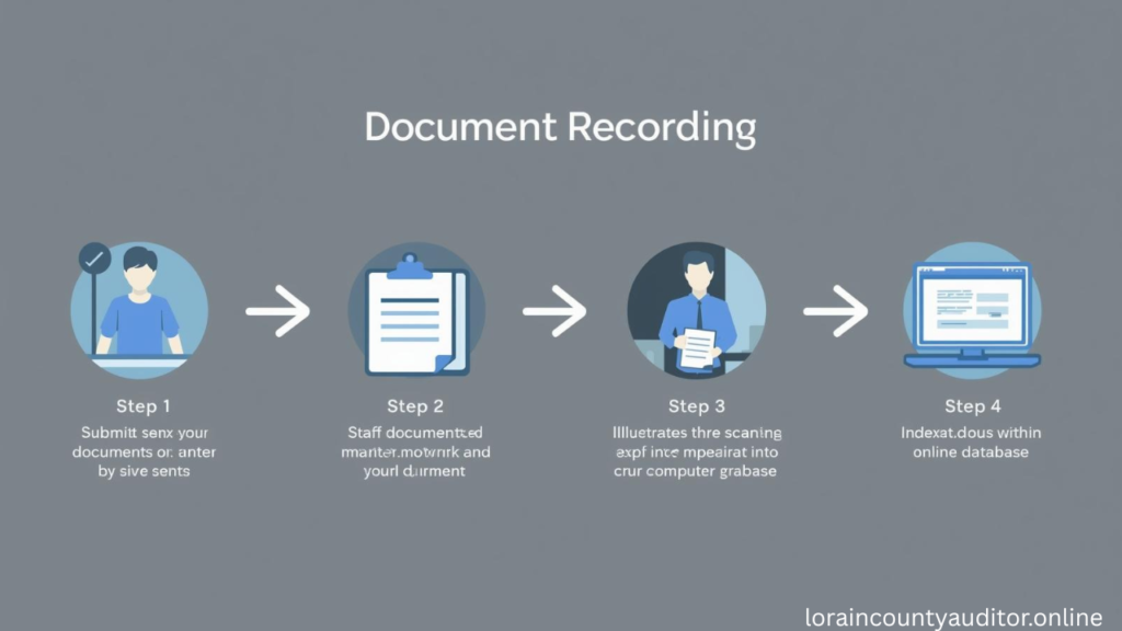 "Step-by-step visual guide showing how Lorain County Auditor Recorder processes and records property documents"