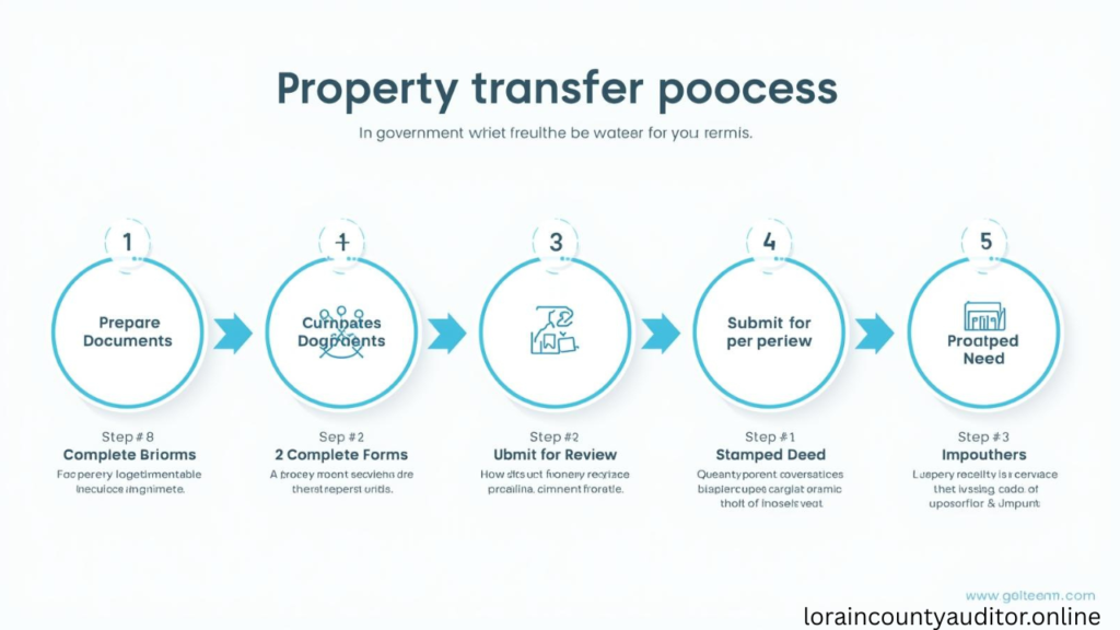 Step-by-step Lorain County Auditor Land Transfer process infographic showing five stages from document preparation to official deed stamping"