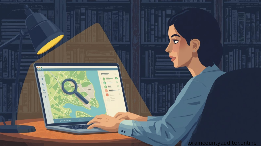 : "Person researching Lorain County Auditor Land Transfer records online using property search tools and parcel maps on laptop computer"