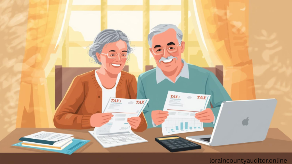"Senior couple happily reviewing Lorain County Auditor Homestead Exemption documents and calculating their property tax savings at home"