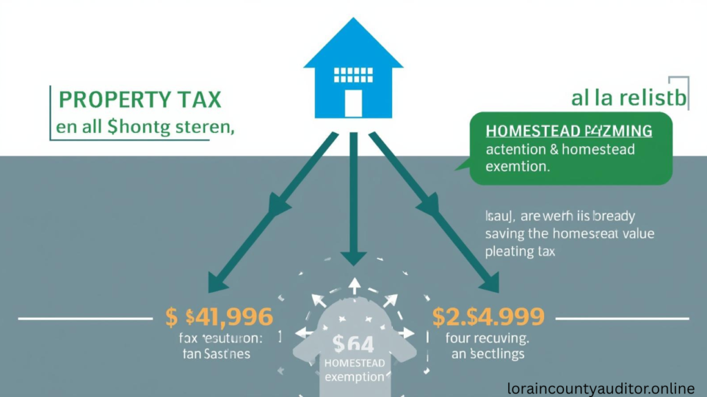 Lorain County Auditor Homestead Exemption savings calculator infographic displaying annual property tax reductions and cumulative benefits over time"