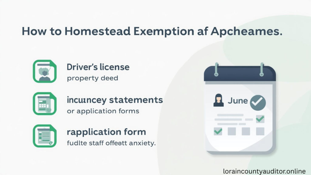 "Lorain County Auditor Homestead Exemption application checklist showing required documents and filing deadline for qualifying Ohio homeowners"
