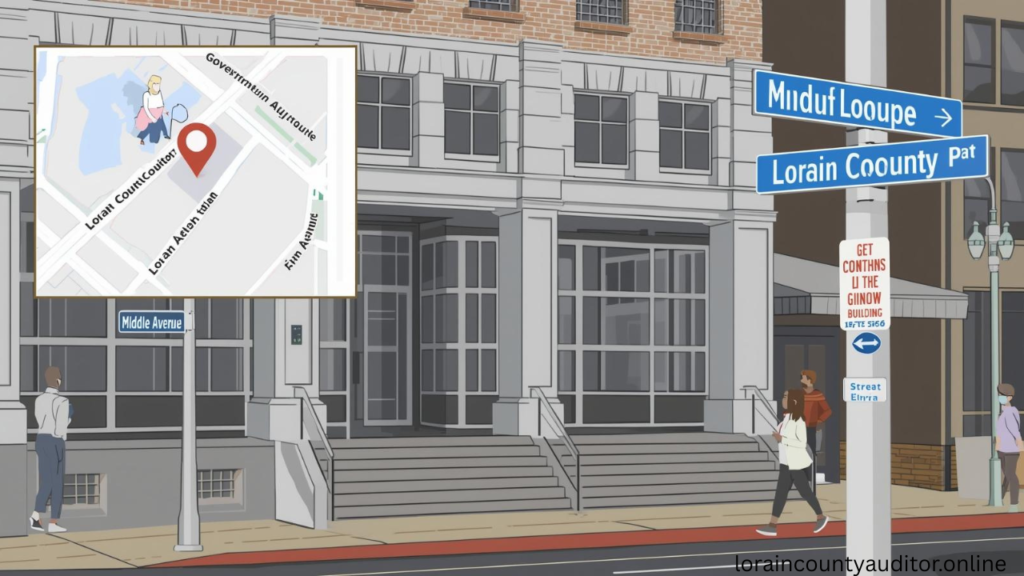 Lorain County Auditor Administration Building exterior at 226 Middle Avenue in downtown Elyria Ohio showing main entrance and directional signage"