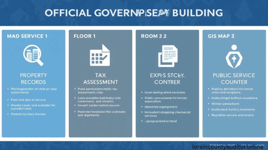 "Lorain County Auditor Administration Building services directory showing available departments and office locations within the facility"