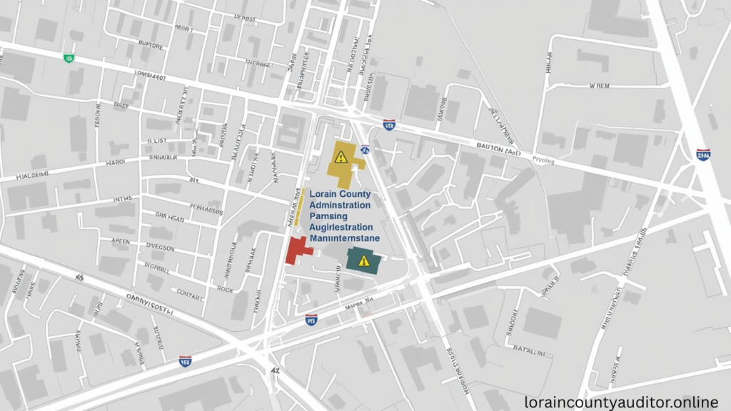 "Parking map showing free and paid parking locations near Lorain County Auditor Administration Building with accessibility information and walking distances"