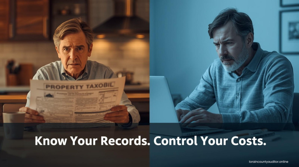 
homeowner reviewing lorain county auditor banks records online to reduce property taxes and take financial control