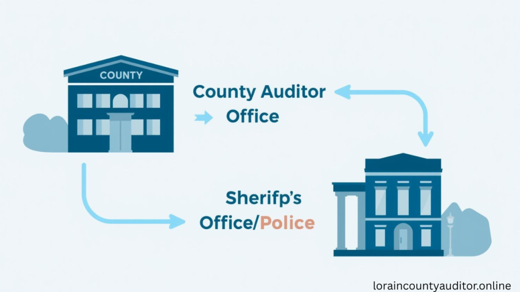  "Clear directory showing Lorain County Auditor Police Station are separate offices with different locations and services for residents"