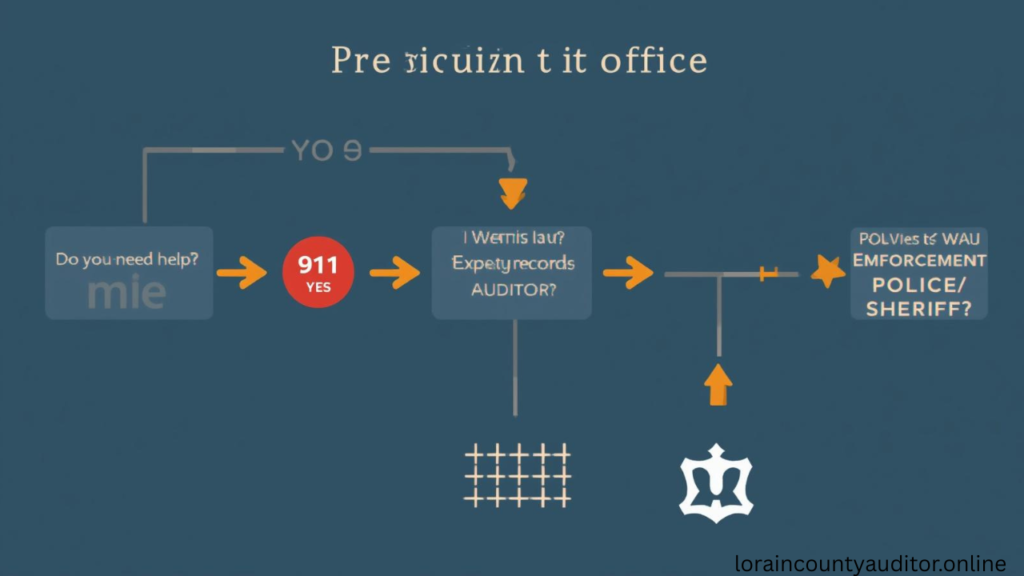  "Decision flowchart helping residents navigate Lorain County Auditor Police Station confusion by identifying correct office for specific needs"