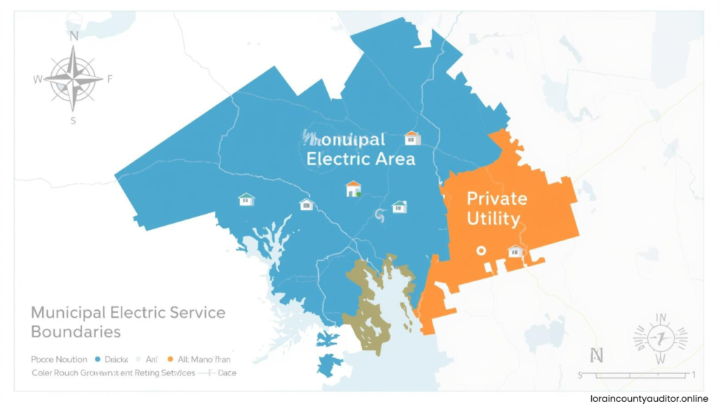 Lorain County Auditor Electric City service territory map showing municipal and private electric service boundaries affecting property assessments"