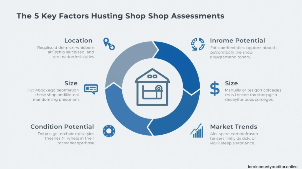 "Lorain County Auditor Shops assessment factors infographic showing five key elements determining commercial property values"