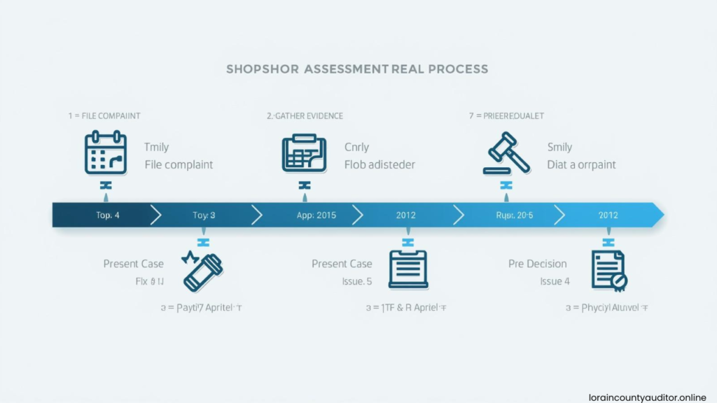"Lorain County Auditor Shops appeal process timeline showing steps from filing complaint to receiving Board of Revision decision"