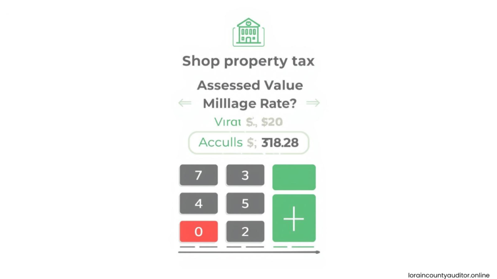 "Lorain County Auditor Shops property tax calculation formula showing how assessed values and millage rates determine annual costs"